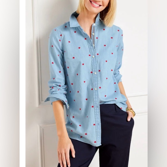 Talbots Long Sleeve Button Down in Chambray with Red Embroidered Hearts -Size 3X - Picture 1 of 8